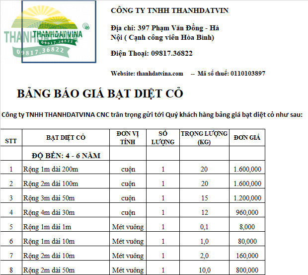 Bảng báo giá bạt diệt cỏ dại