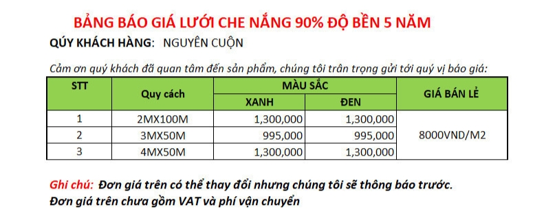 ( Bảng giá tham khảo )